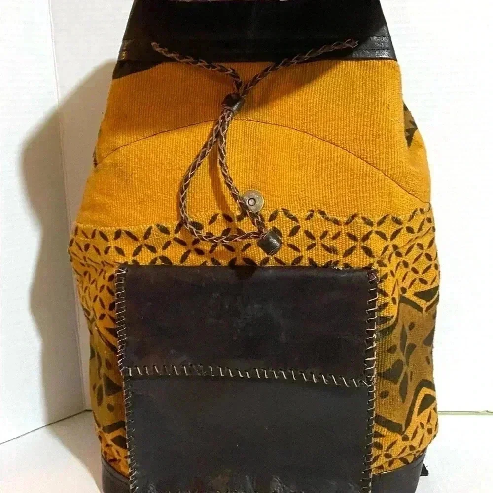Handmade  Unsex Africa mud cloth cotton canvas leather backpack